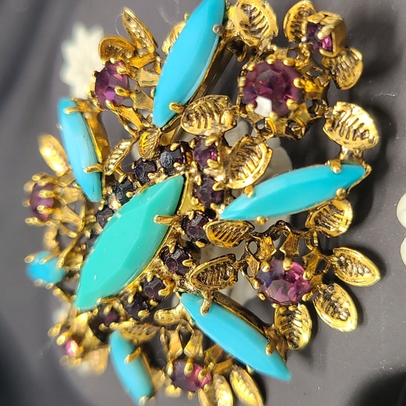 Vintage AUSTRIA Turquoise Rhinestone Brooch Purple Crystal Pin Ornate Antique - Picture 12 of 16